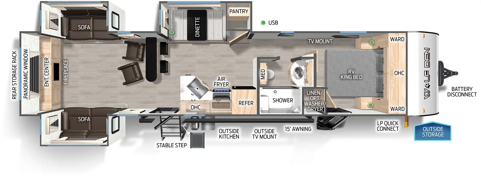 The Cherokee Black Label 306MMBL floorplan has two entries and three slide outs. Exterior features include: fiberglass exterior, 15' awning and outside kitchen. Interiors features include: front bedroom and rear living.